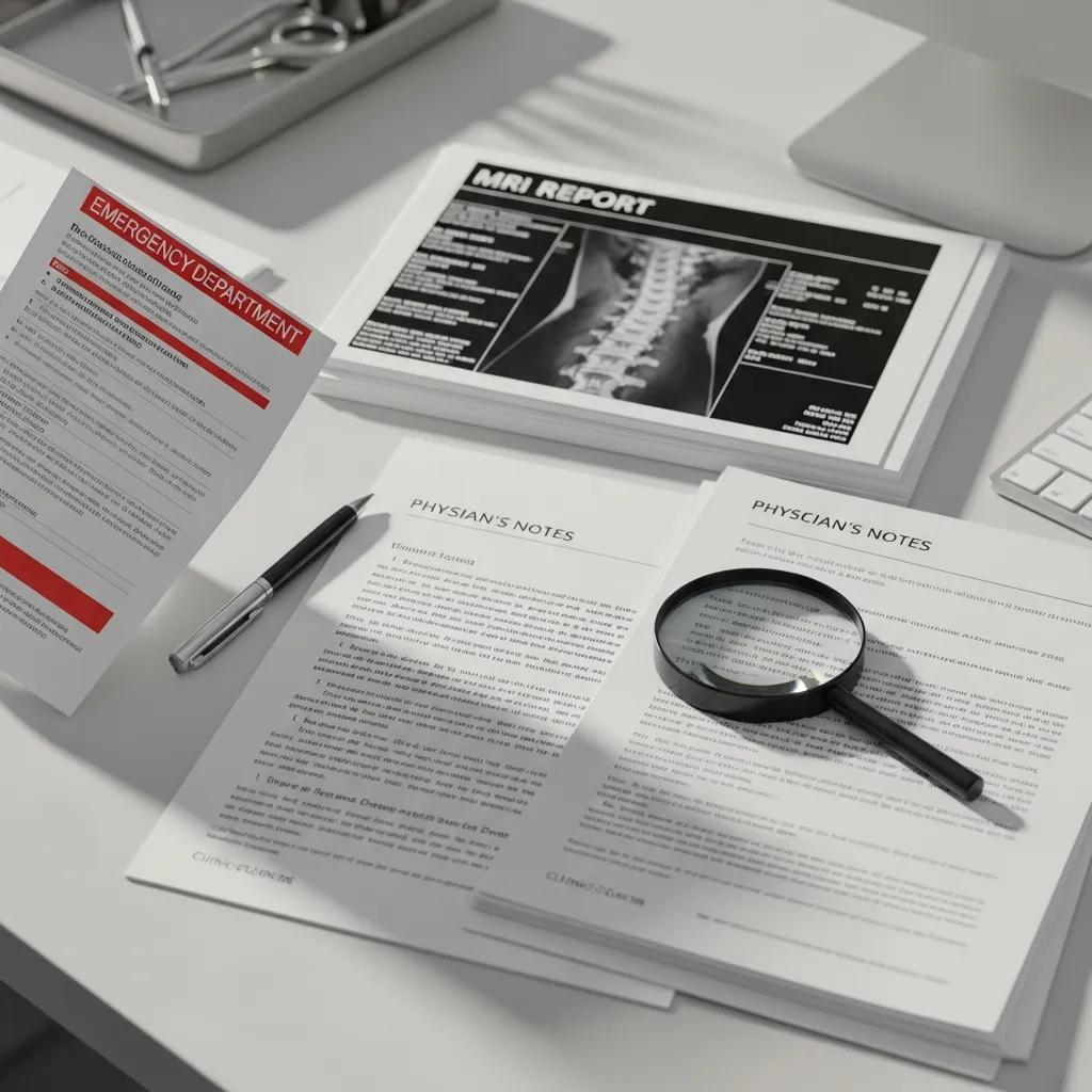 Gendlin, Liverman & Rymer | How to Collect Evidence for Your Injury Claim Close-up of medical records, including an MRI report, emergency department documentation, and physician's notes, highlighting essential evidence for personal injury claims.