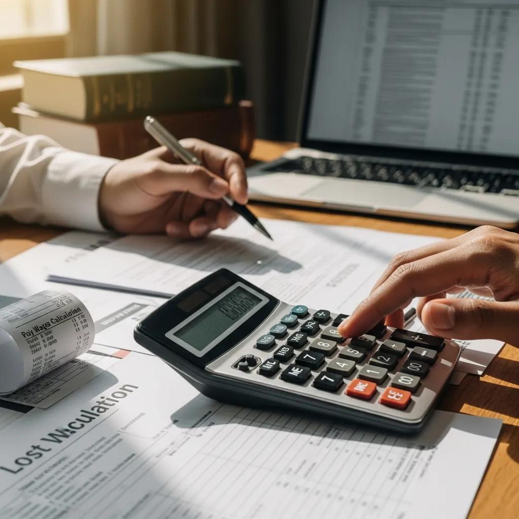 Hands calculating lost wages on documents with a calculator, illustrating the process of assessing economic damages for personal injury claims.