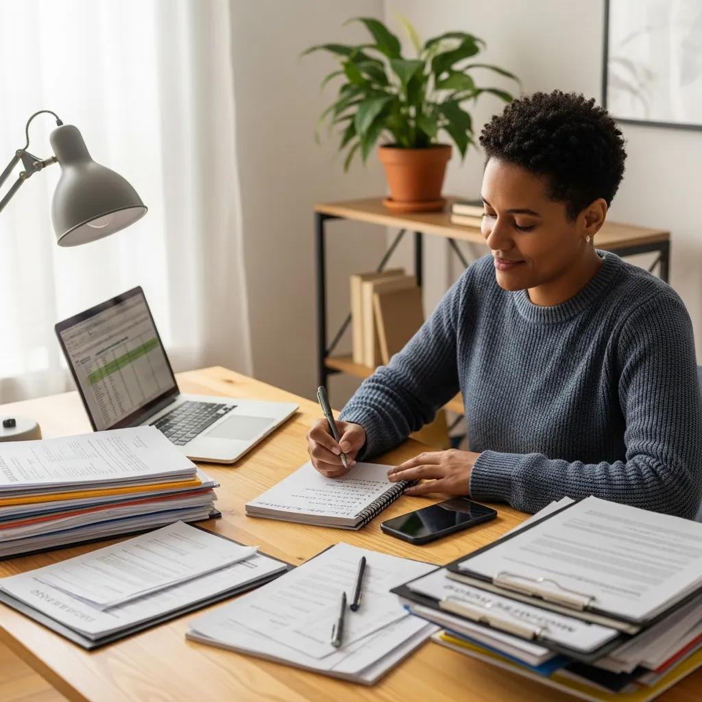 Individual reviewing documents and taking notes at a desk, surrounded by paperwork and a laptop, illustrating evidence gathering for personal injury claims and lost wage documentation.