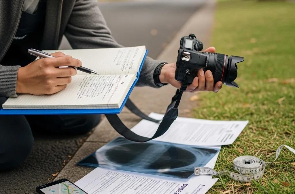 Person collecting evidence for an injury claim with a notepad and camera, surrounded by documents and measuring tape, illustrating the process of gathering information for personal injury cases.