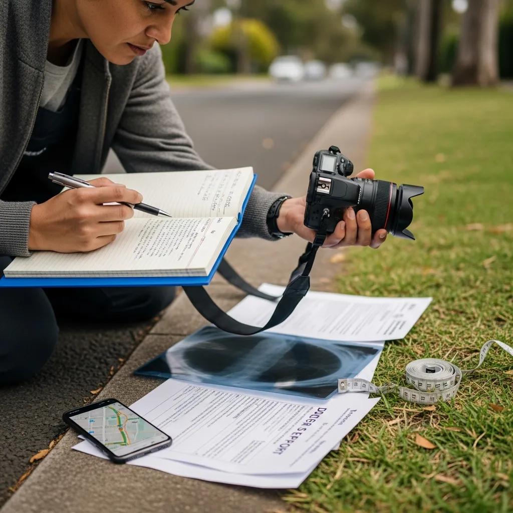 Gendlin, Liverman & Rymer | How to Collect Evidence for Your Injury Claim Person documenting evidence for an injury claim with a notepad and camera, surrounded by medical documents and measuring tape, illustrating essential steps for gathering evidence in personal injury cases.
