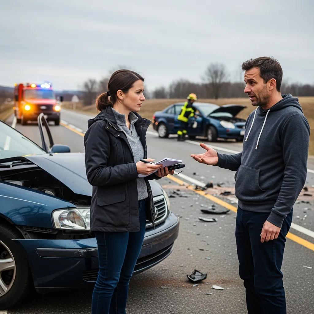 Gendlin, Liverman & Rymer | How to Collect Evidence for Your Injury Claim Person interviewing a witness at a motor vehicle accident scene, collecting evidence, with emergency responders in the background and damaged vehicles on the road.