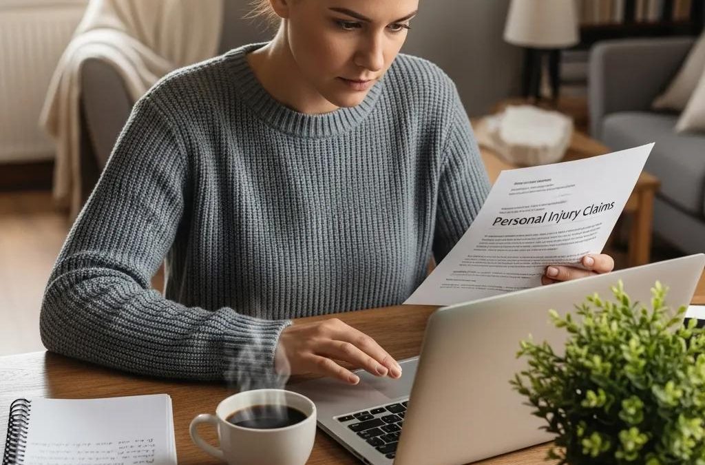 Woman reviewing personal injury claim documents at a cozy desk with a laptop and coffee, emphasizing the process of claiming lost wages in personal injury cases.