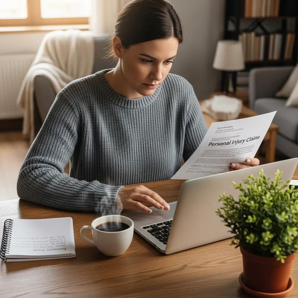 Woman reviewing personal injury claim documents at a cozy desk with a laptop, coffee cup, and notepad, emphasizing the process of claiming lost wages in personal injury cases.
