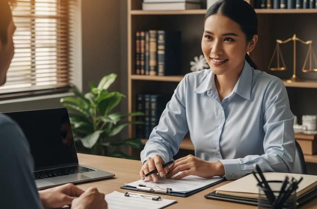 Attorney consulting with a client about personal injury case evaluation in a professional office