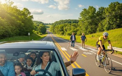 Gendlin, Liverman & Rymer | Prevent Car Accidents: Safe Driving Habits Diverse drivers practicing safe driving habits on a sunny Wisconsin road, with a family in a car and a cyclist sharing the road.