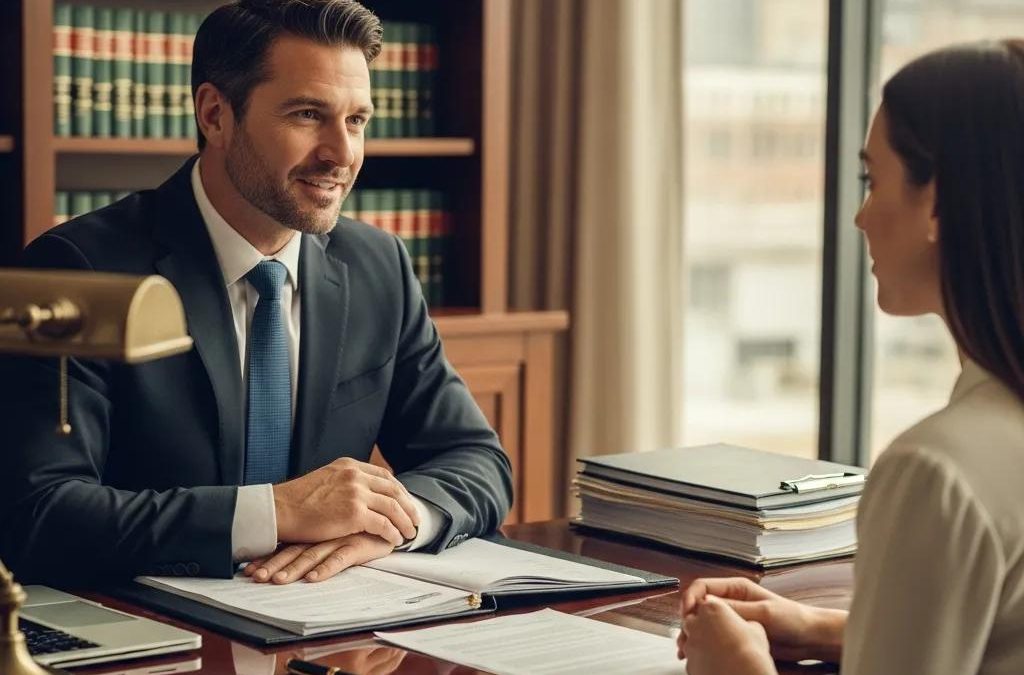 Personal injury lawyer consulting with a client in a warm office setting, discussing legal representation and contingency fee arrangements.