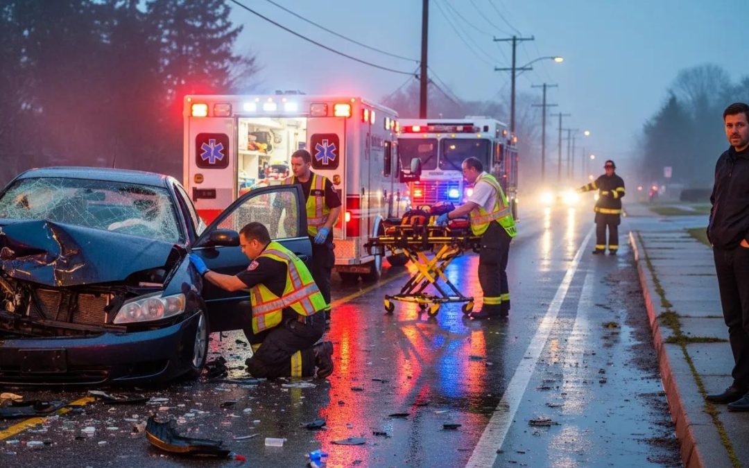 Car accident scene with emergency responders and a damaged vehicle