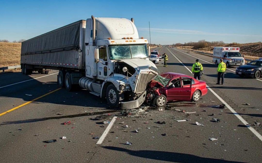 Semi-truck and car accident scene highlighting the complexities of truck crash claims